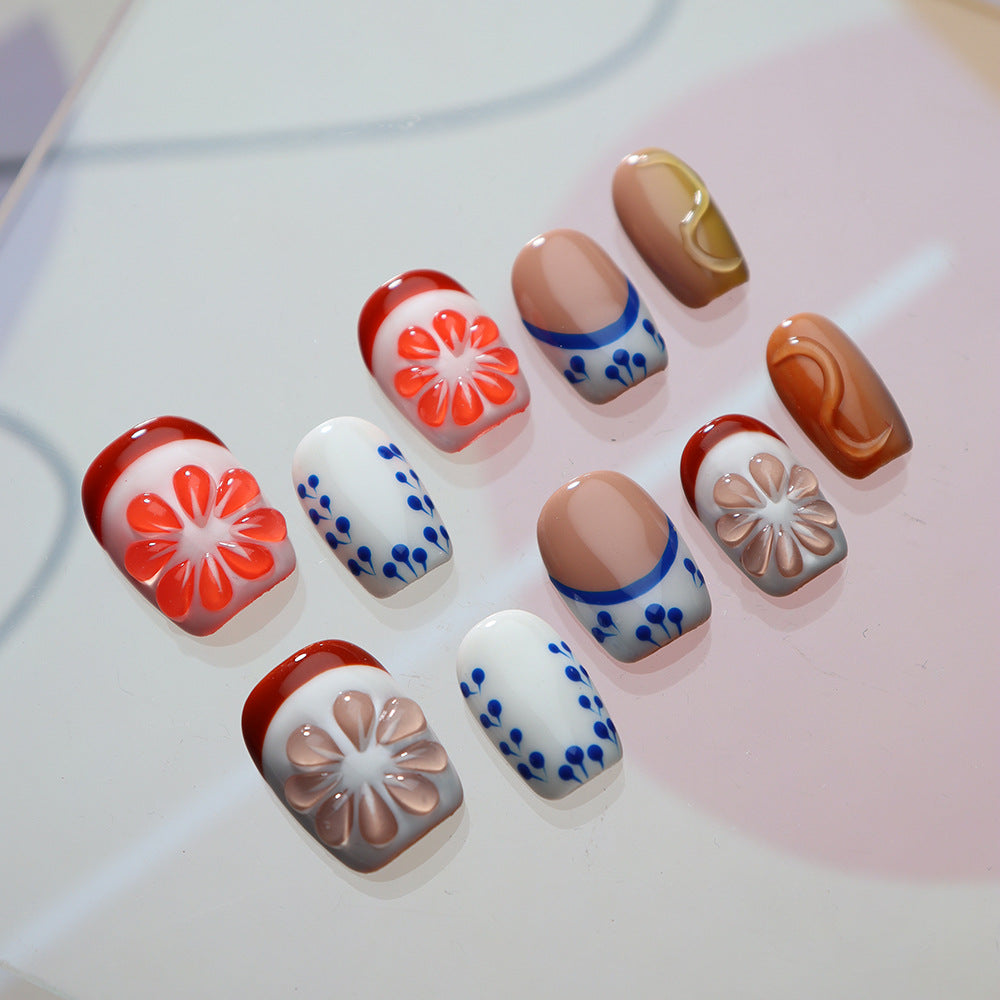 Grapefruit Lemon French Tip Handmade Square Press On Nails A704