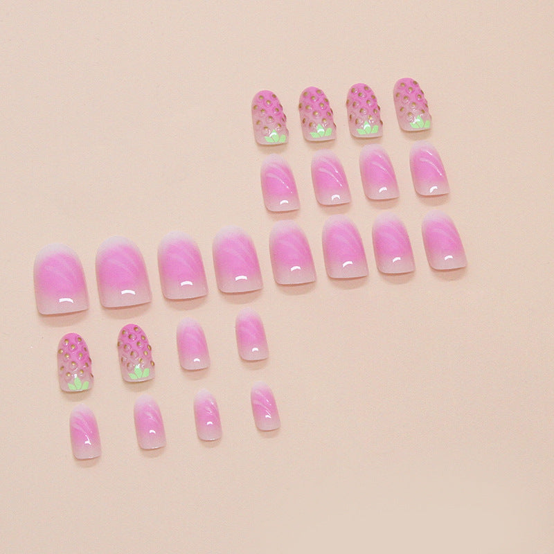 3D Strawberry Sweetheart  Almond 24PCS Free Size Press on Nails W1741