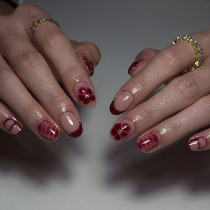Burgundy Flowers Oval 24PCS Free Size Press on Nails JP3841