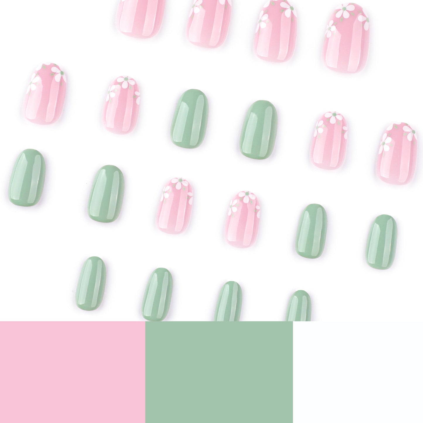 Green Flowers Almond 24PCS Free Size Press on Nails JP3782