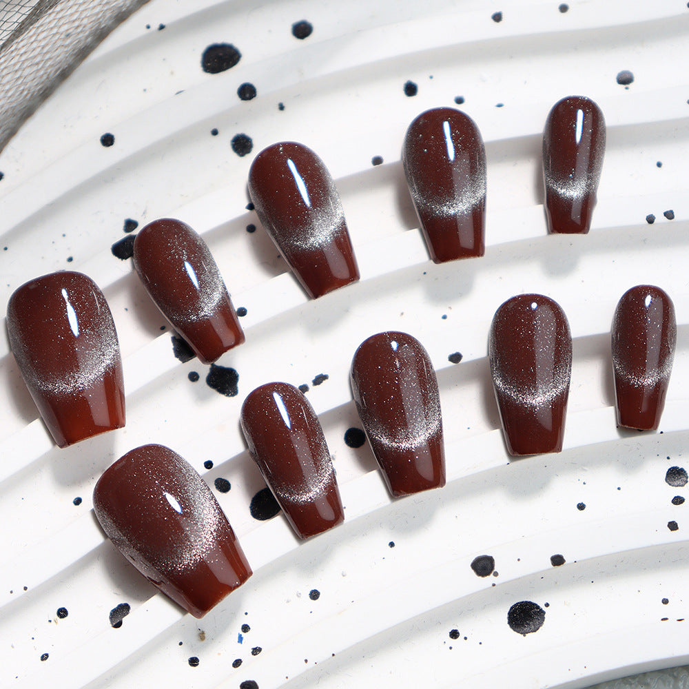 Hot Chocolate Simple Cat's Eye Handmade Almond Press on Nails 128