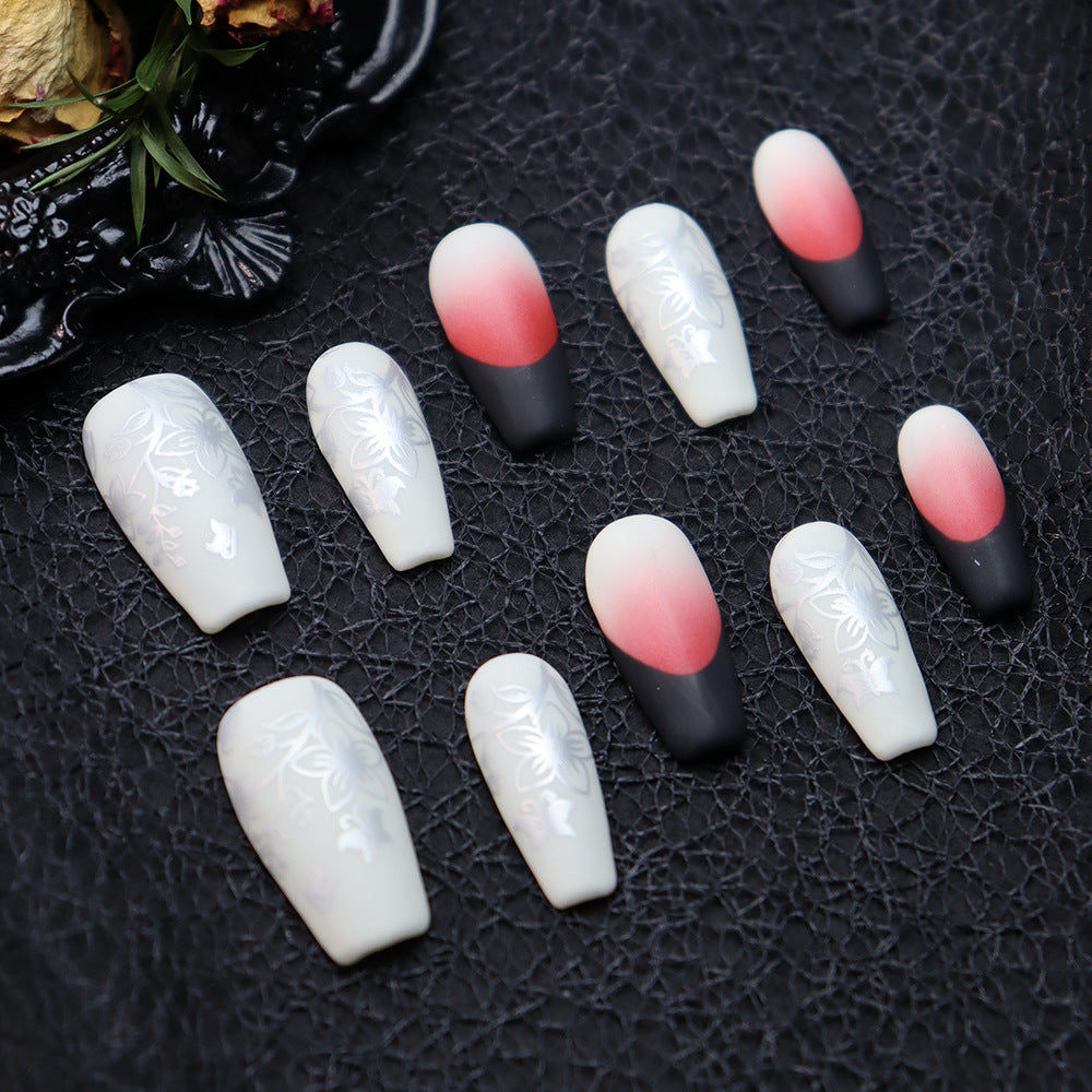 Crimson Anemone French Tip Handmade Coffin Press On Nails A630