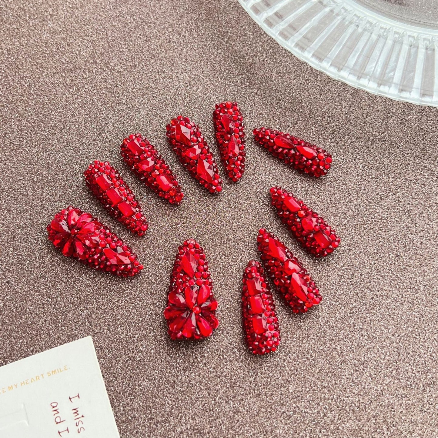 Red Hot Rhinestones  Handmade Almond  Nails - NoirNail