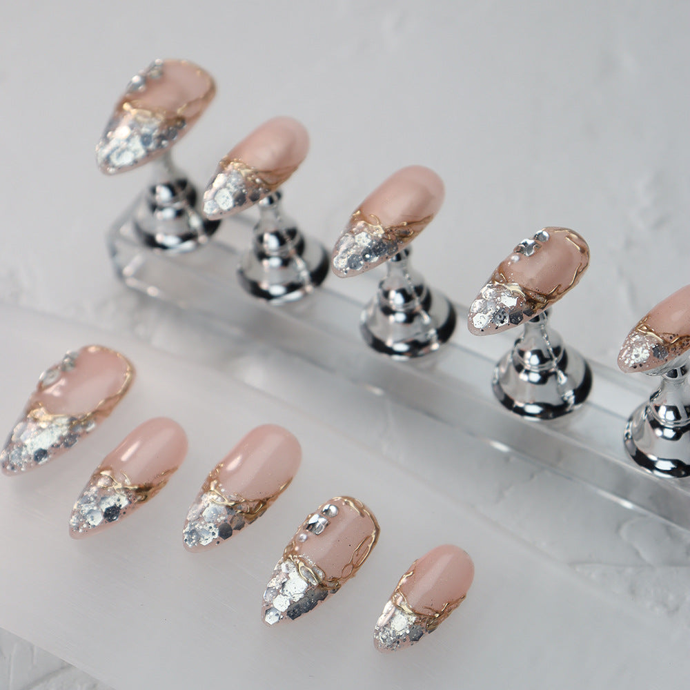 Shiny Silver French Long Tip Handmade Almond Press On Nails A1007