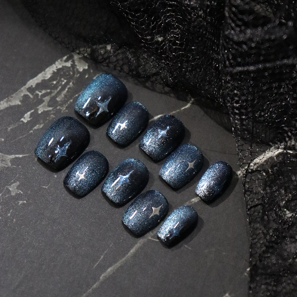 Royal Blue Night Sky Cat's Eye Handmade Square Nails  A530 - NoirNail
