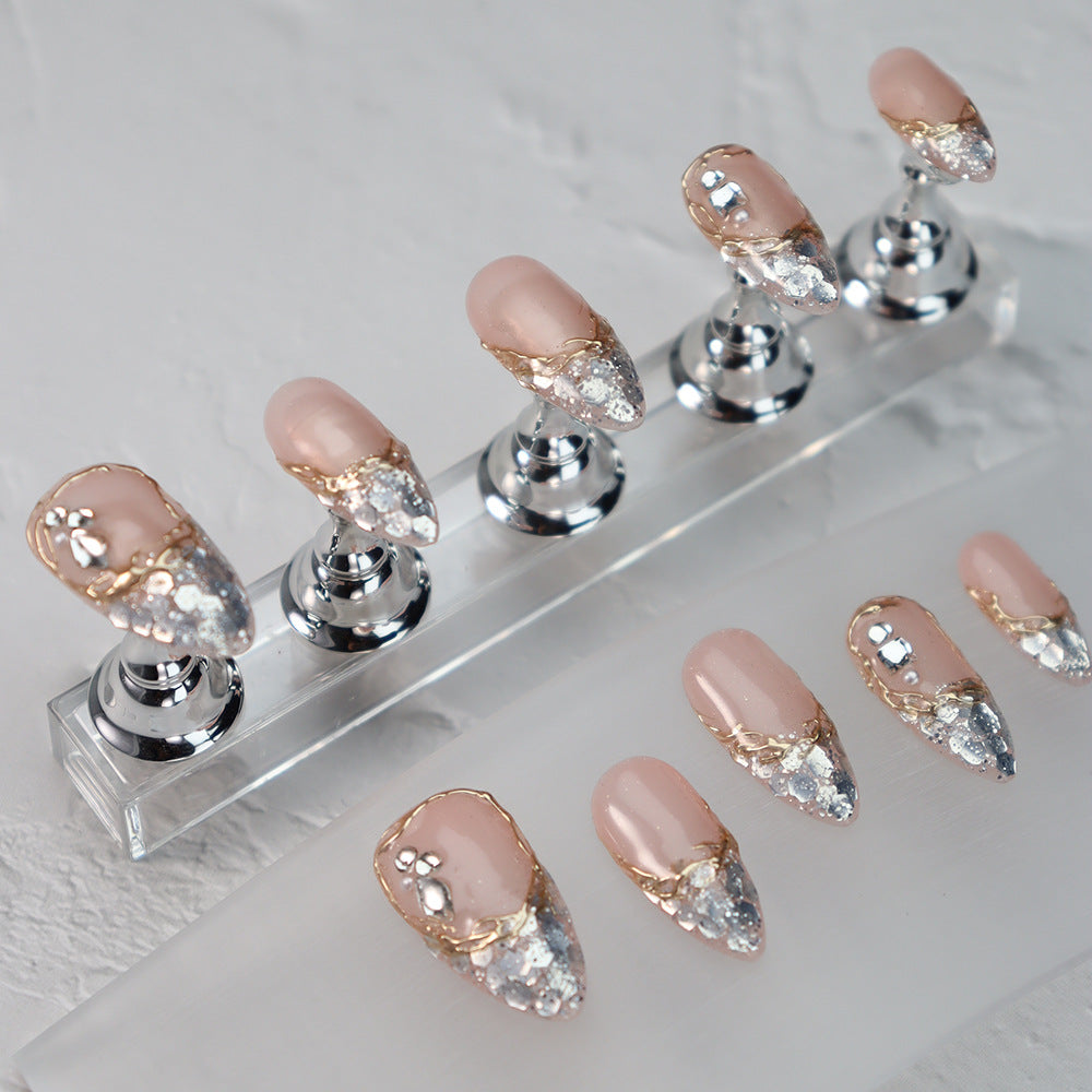 Shiny Silver French Long Tip Handmade Almond Press On Nails A1007