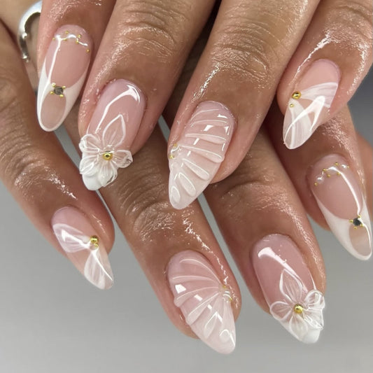 White 3D Flowers French Tip Almond 24PCS Free Size Press on Nails JP3855