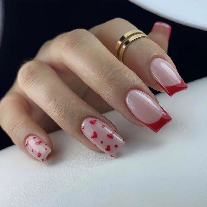 French Red Heart Square 24PCS Free Size Press on Nails JP2249