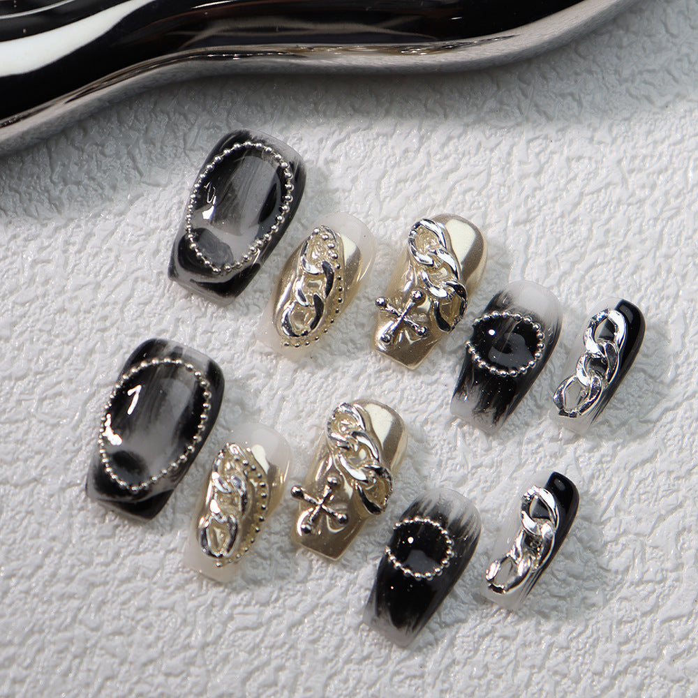 Chain Metallic Y3K Handmade Coffin Press On Nails A586