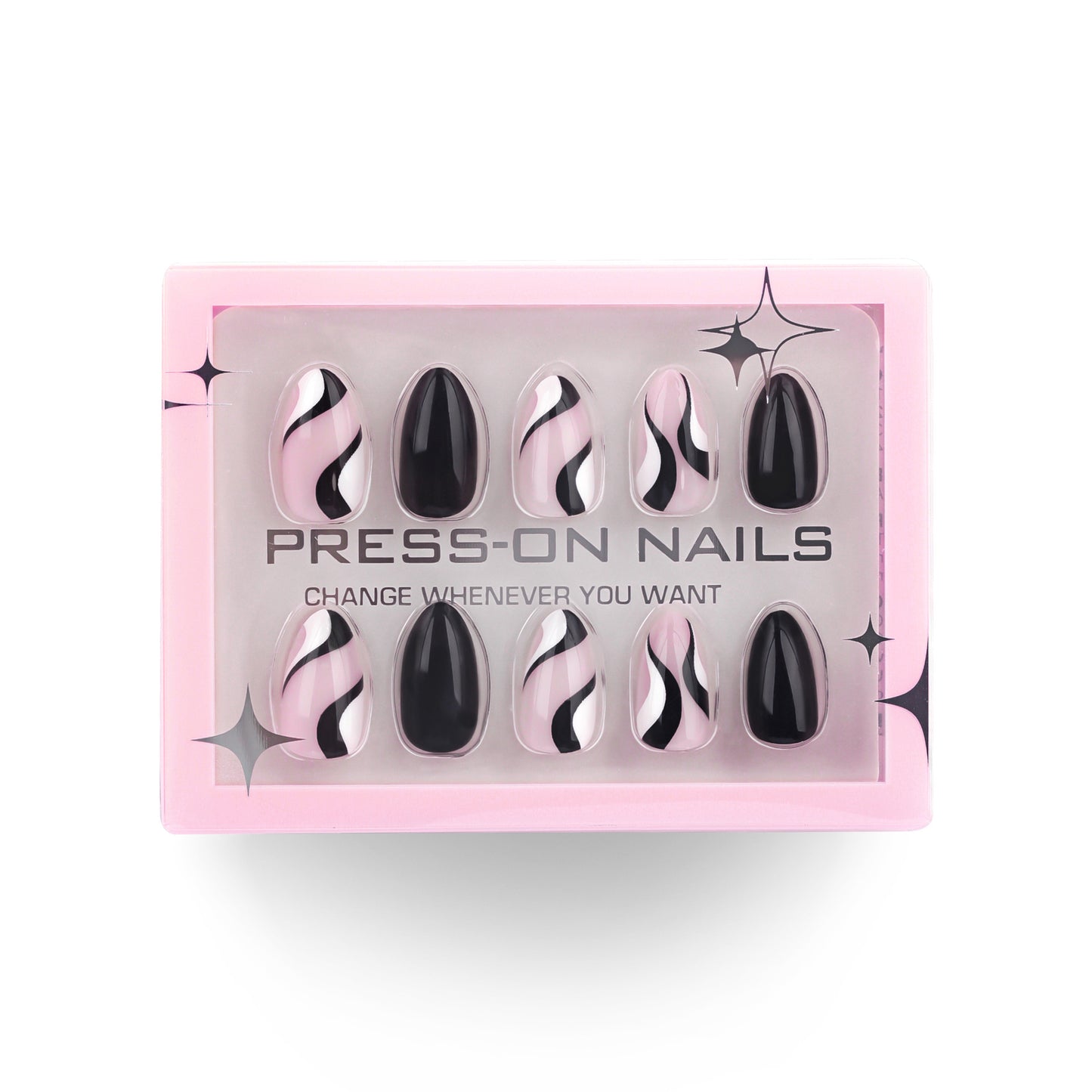 Black and White Abstract Stripes Almond 30PCS Free Size Press on Nails GD19