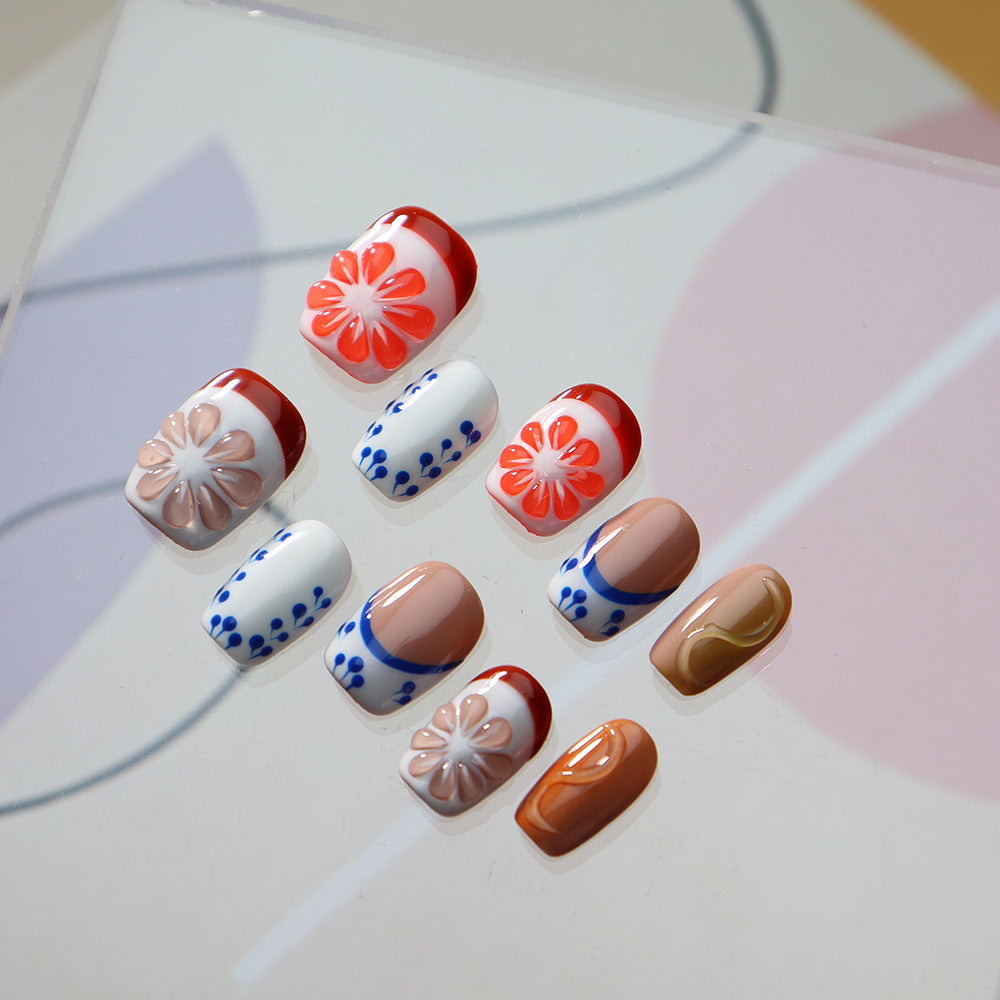 Grapefruit Lemon French Tip Handmade Square Press On Nails A704