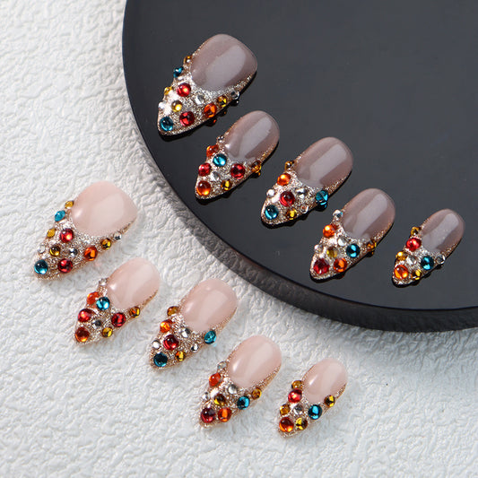 Neon Rhinestones  Handmade Almond  Nails  A1058 - NoirNail