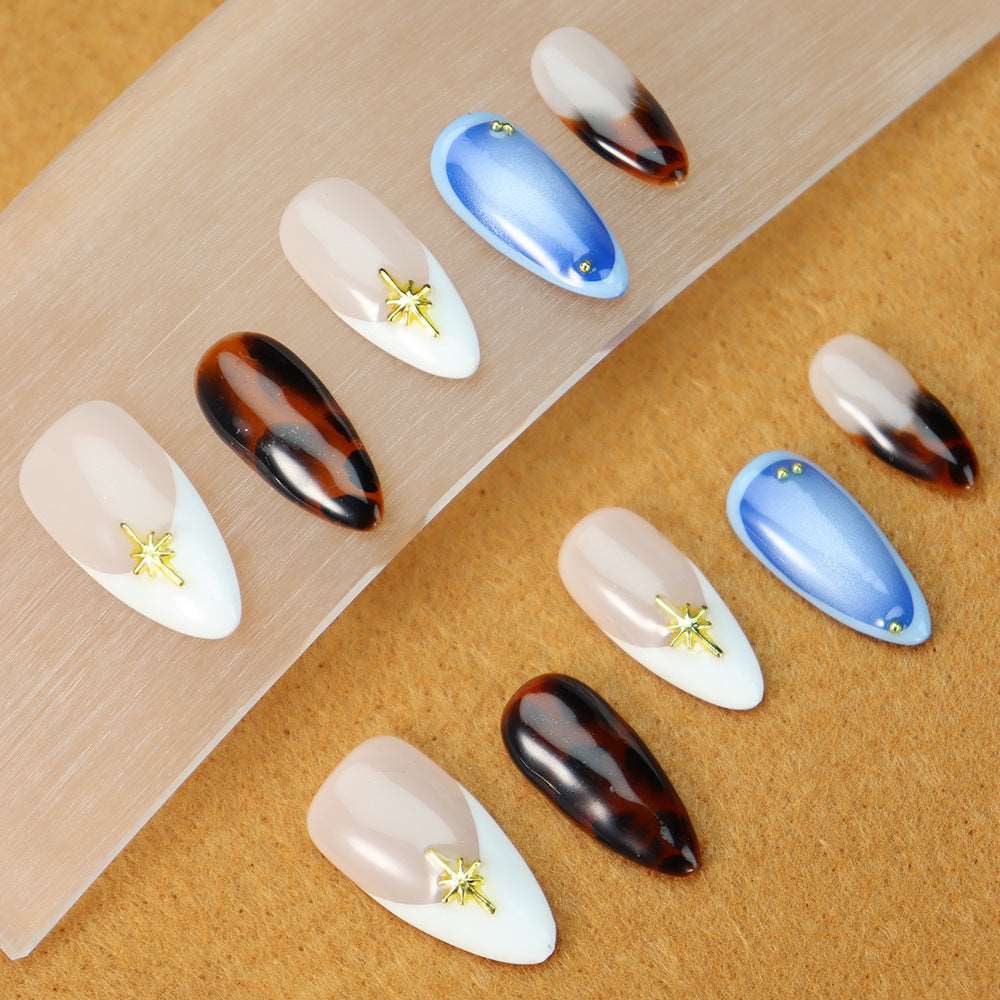 Amber French tip  Handmade Almond  Nails A991