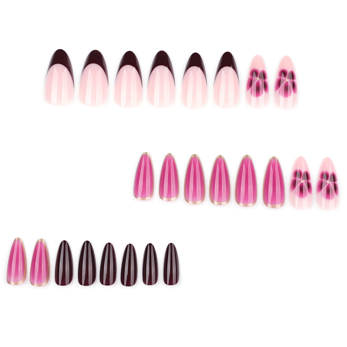 Pink Blooming Flowers Almond 24PCS Free Size Press on Nails JP3826