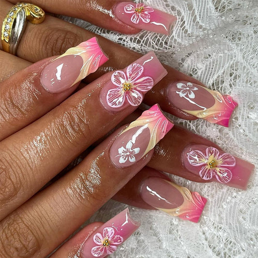 3D Flowers French Blush Duck 24PCS Free Size Press on Nails JP3500