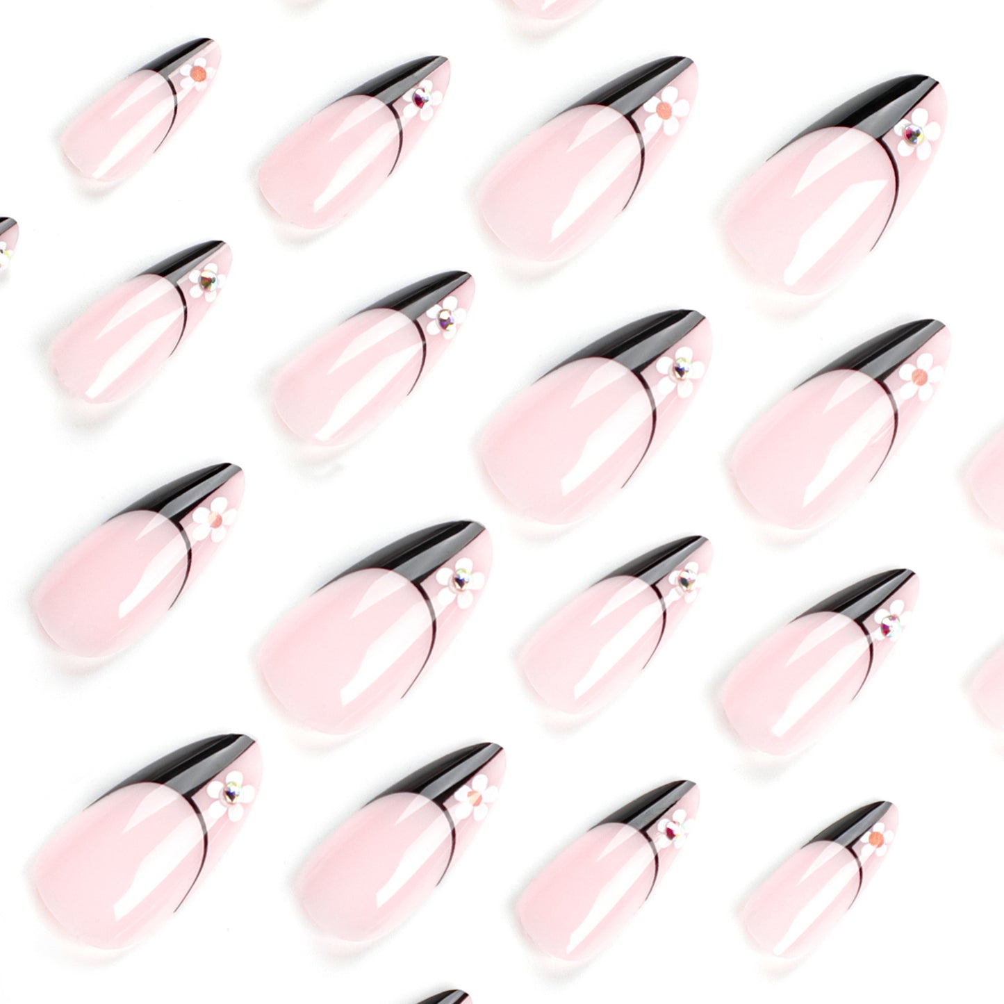 French Geometric Black Stitching Almond 24PCS Free Size Press on Nails JP2961