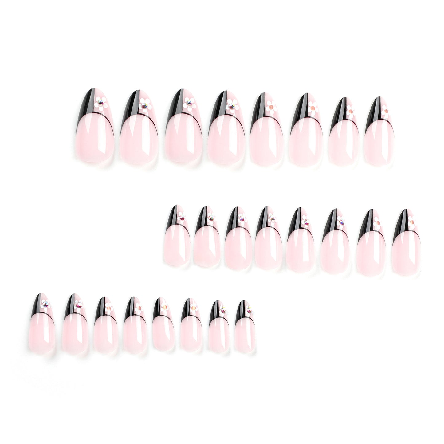 French Geometric Black Stitching Almond 24PCS Free Size Press on Nails JP2961
