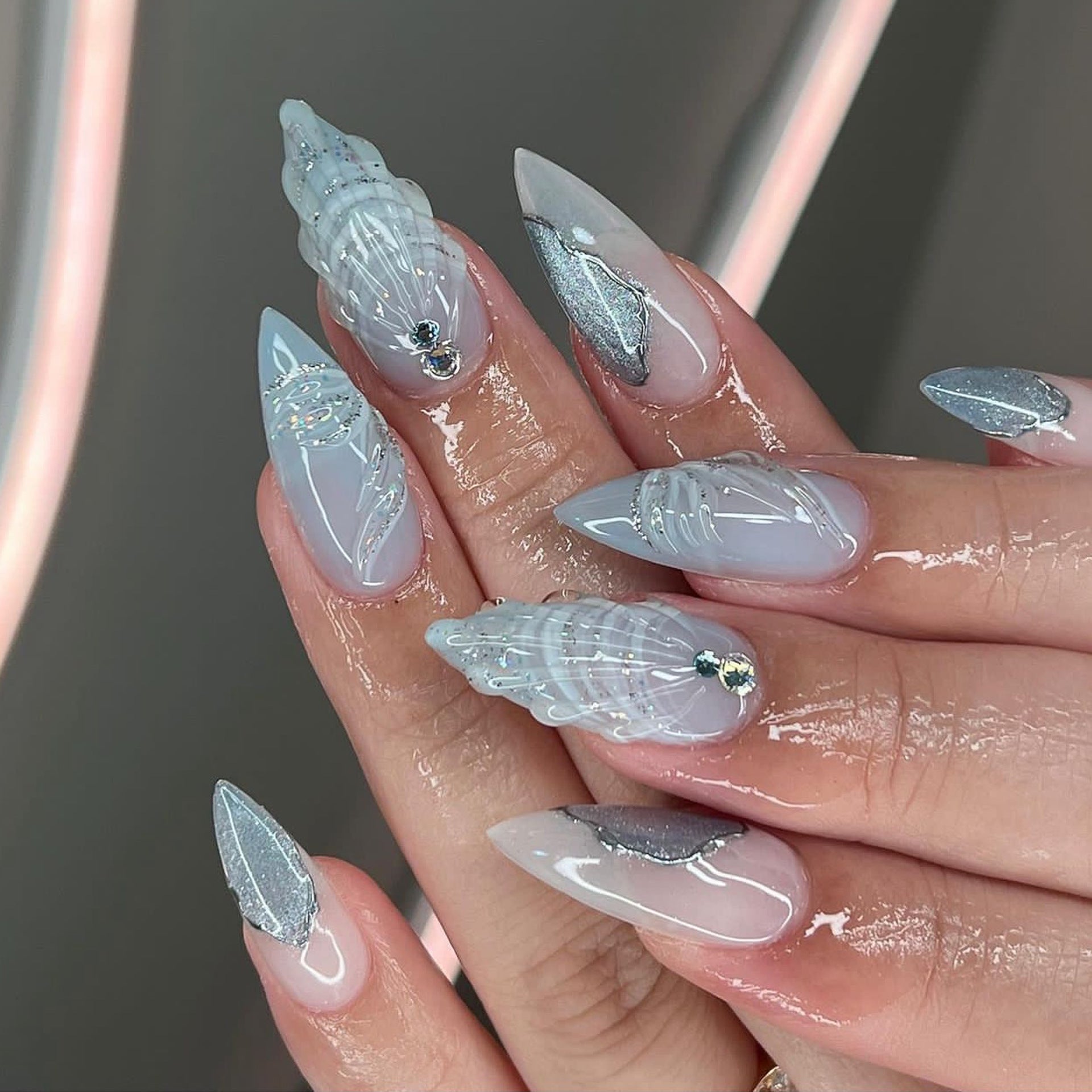 French 3D Water Ripple Gradient Water Drop Shell Series  Stiletto Press on Nails - NoirNail