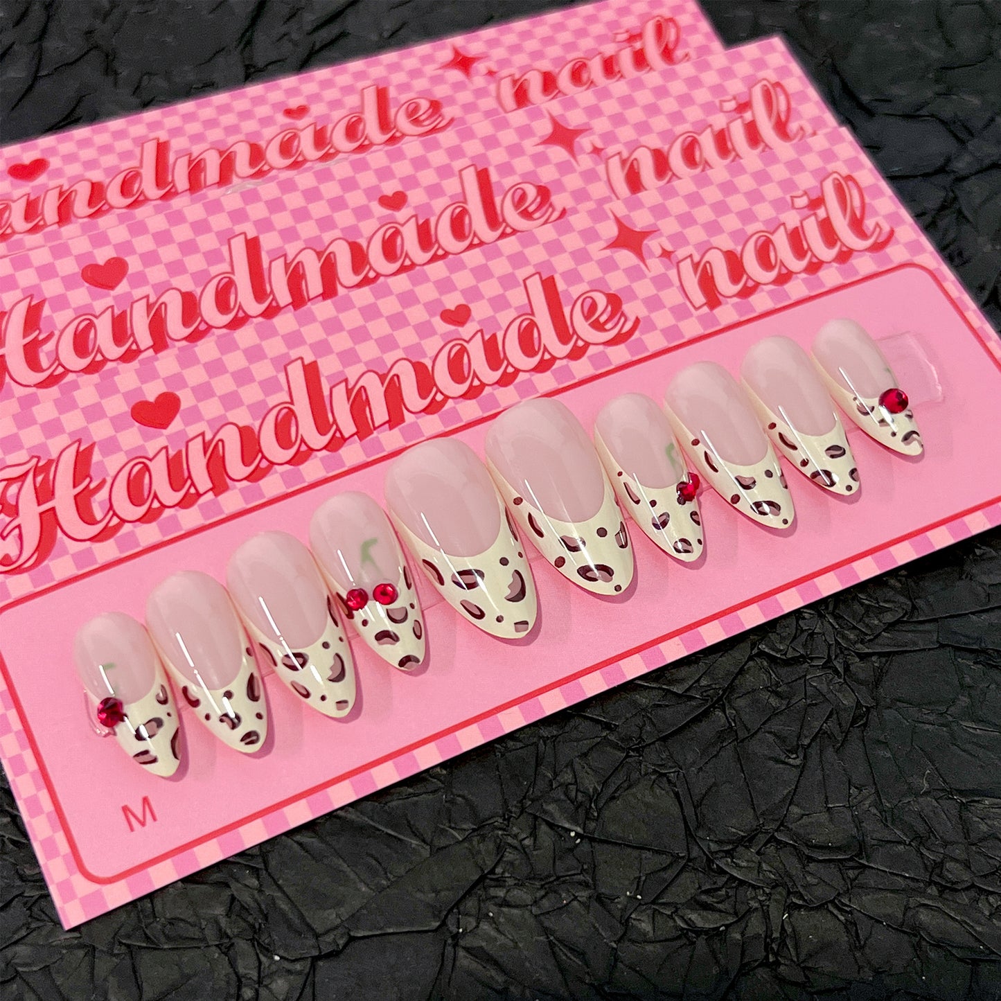 French Leopard 3D Cherry Almond 10PCS Free Size Press on Nails SP174