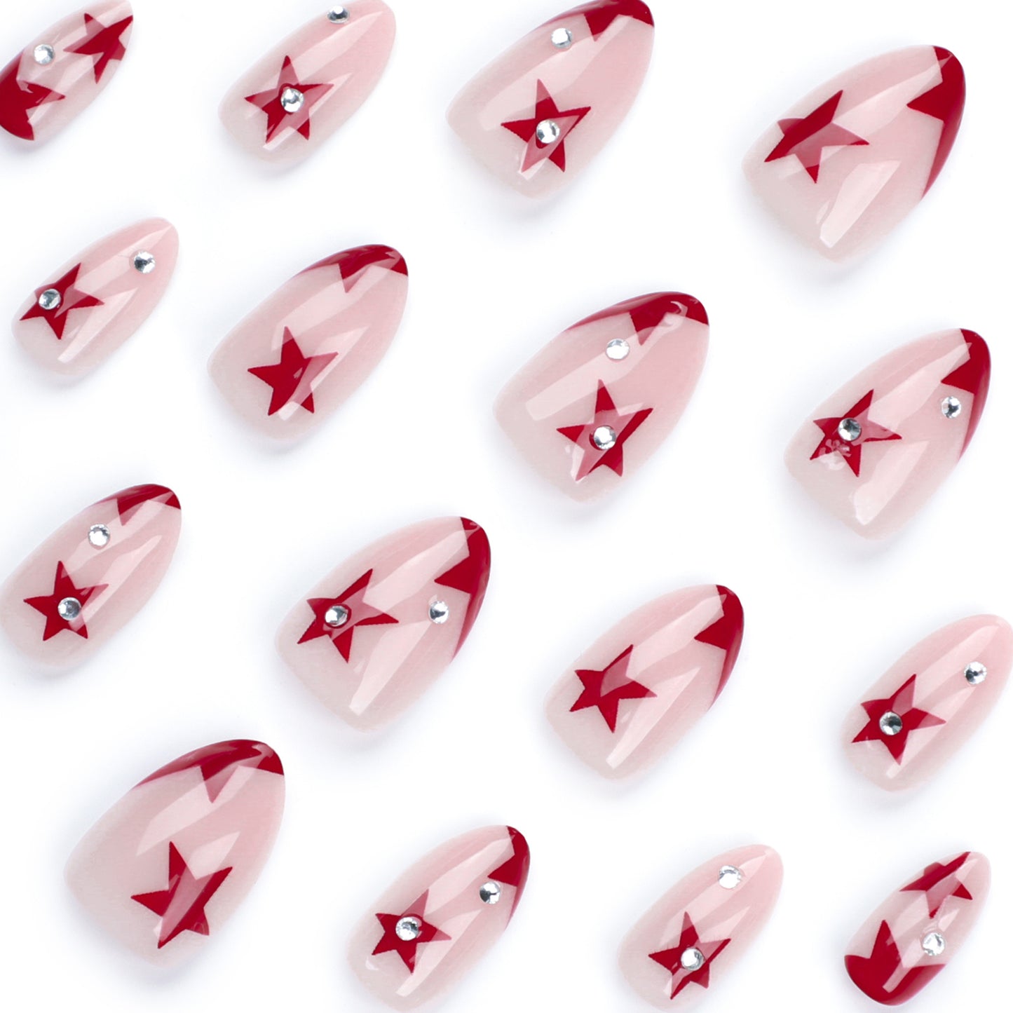 Red Star Shining Almond 24PCS Free Size Press on Nails JP3255
