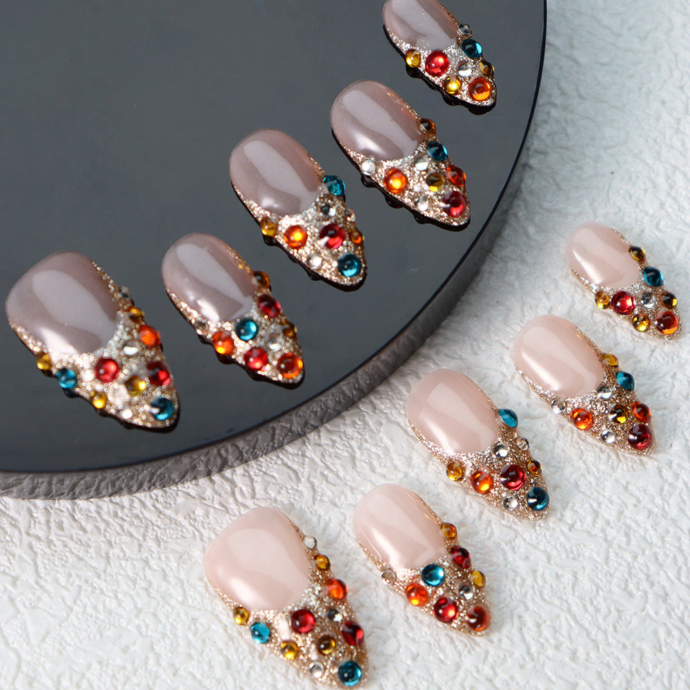 Neon Rhinestones  Handmade Almond  Nails  A1058 - NoirNail