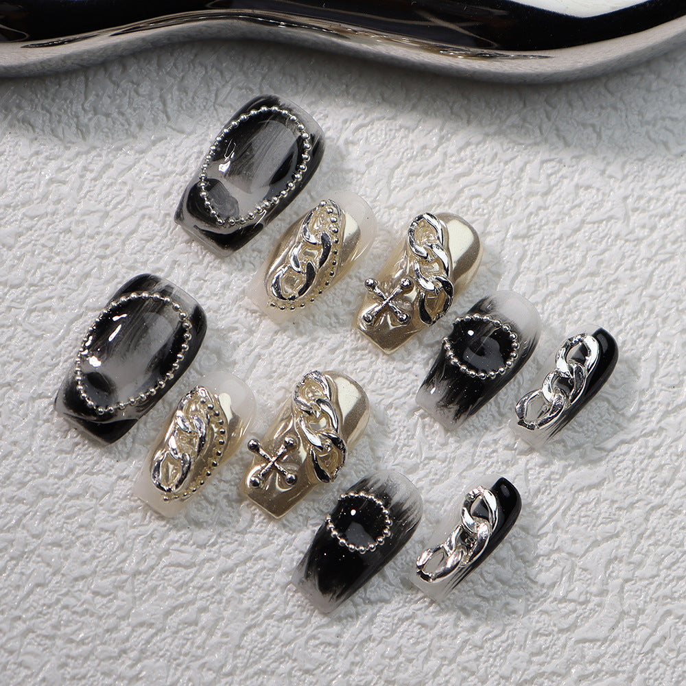 Chain Metallic Y3K Handmade Coffin Press On Nails A586