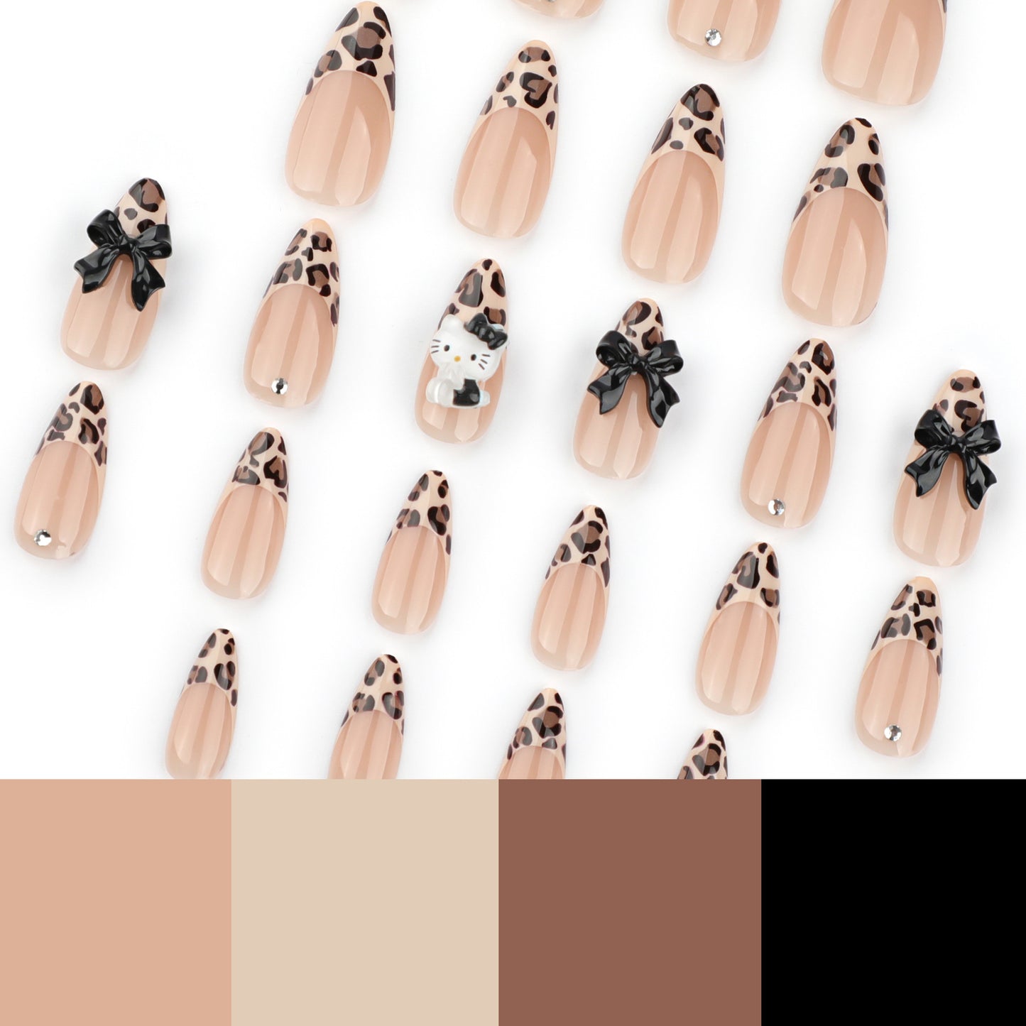 Leopard Hello Kitty Almond French Tip 24PCS Free Size Press on Nails JP3571
