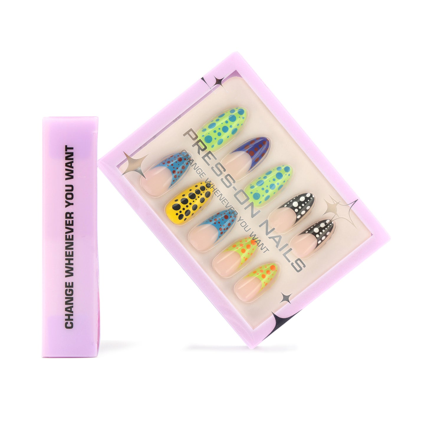 Colorful Dots French Tip Almond 30PCS Free Size Press on Nails GD15