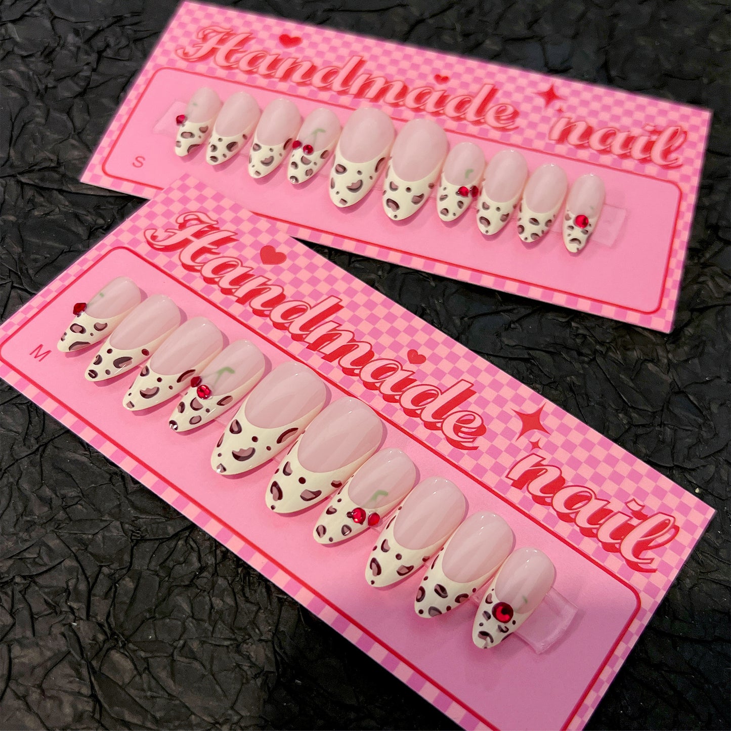 French Leopard 3D Cherry Almond 10PCS Free Size Press on Nails SP174