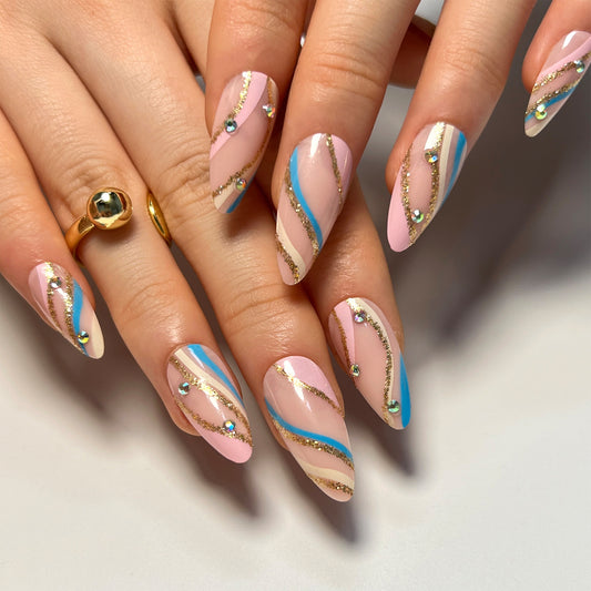 Abstract Lines Almond 24PCS Free Size Press on Nails JP2988