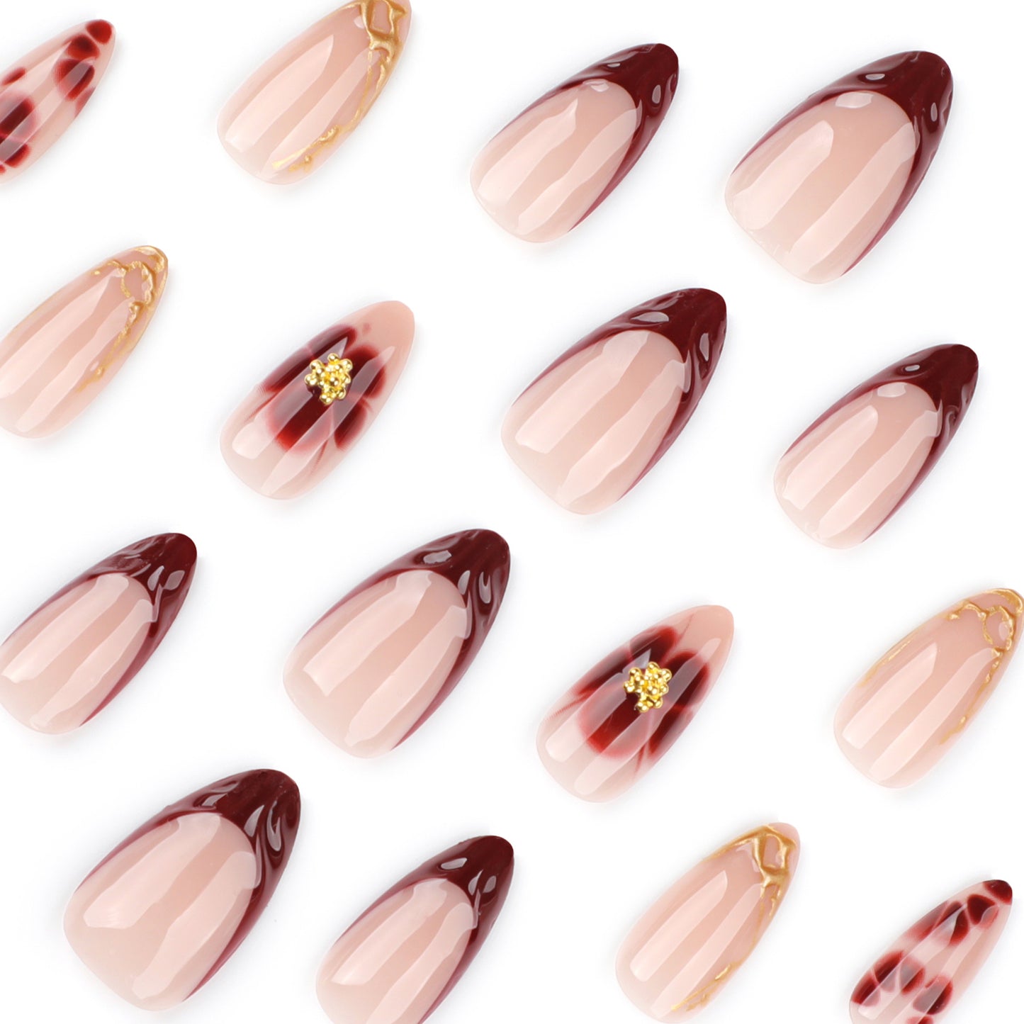 French Coffee Gradient Flowers Almond 24PCS Free Size Press on Nails JP3874