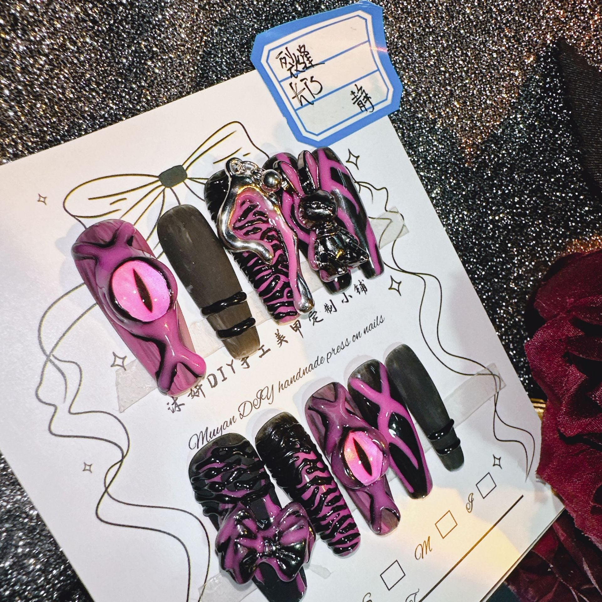 Pink Demon Eye 100% Handmade Pressons - NoirNail