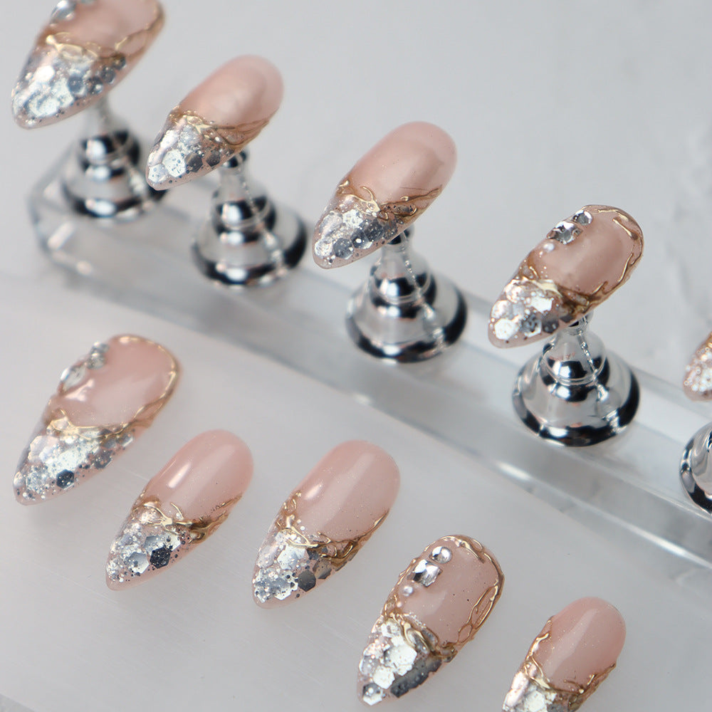 Shiny Silver French Long Tip Handmade Almond Press On Nails A1007