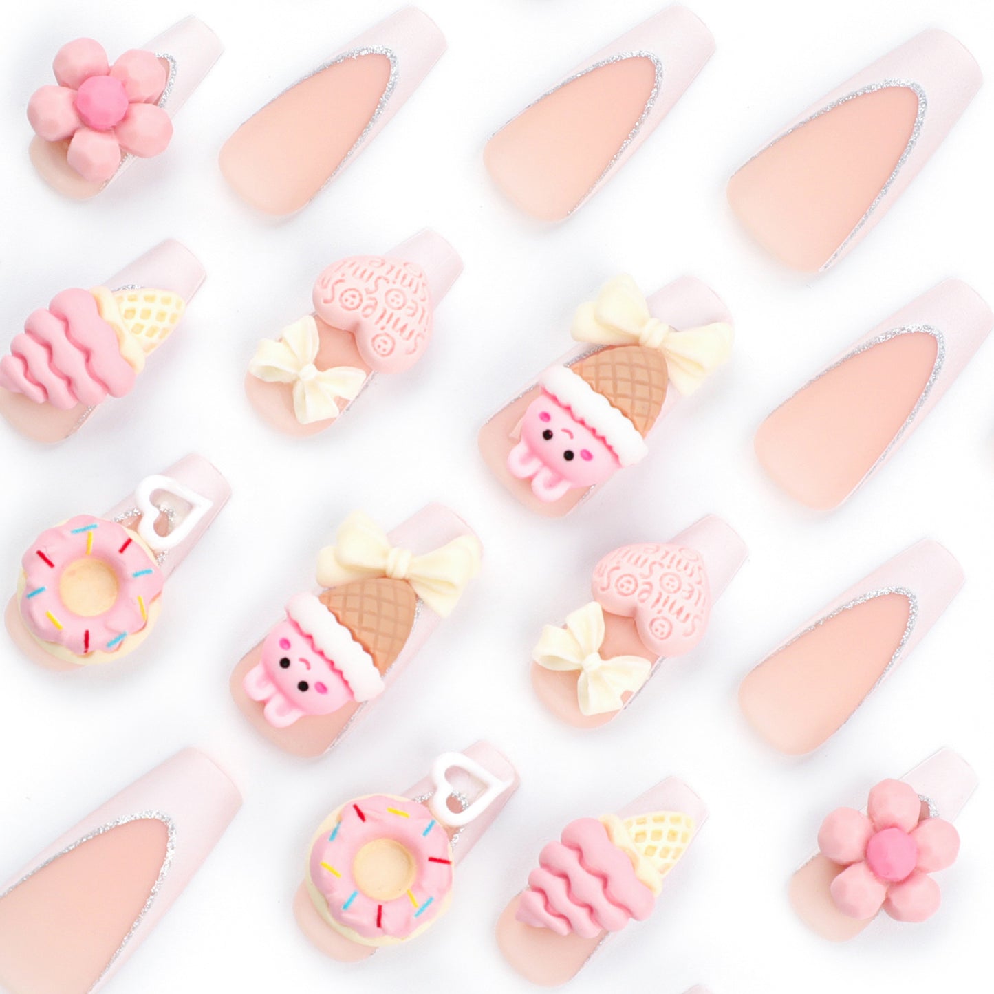 3D Pink Ice Cream Cone Coffin 24PCS Free Size Press on Nails JP2803