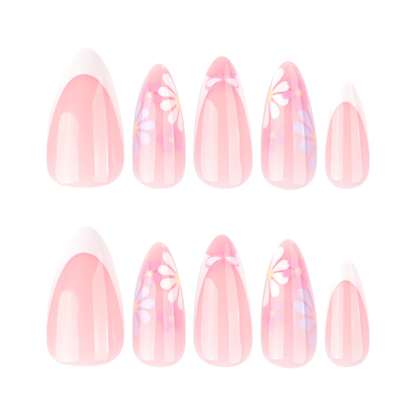 White Flowers Almond 24PCS Free Size Press on Nails JP3795