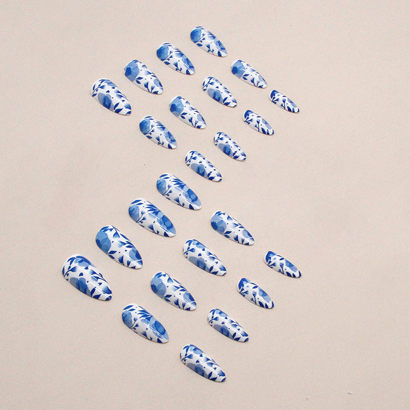 Mediterranean Blue and White Misty Oval Press On Nails - NoirNail