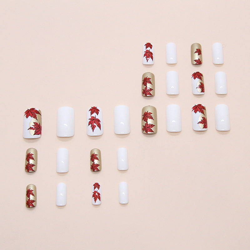 Red Maple Leaf Square 24PCS Free Size Press on Nails W1860