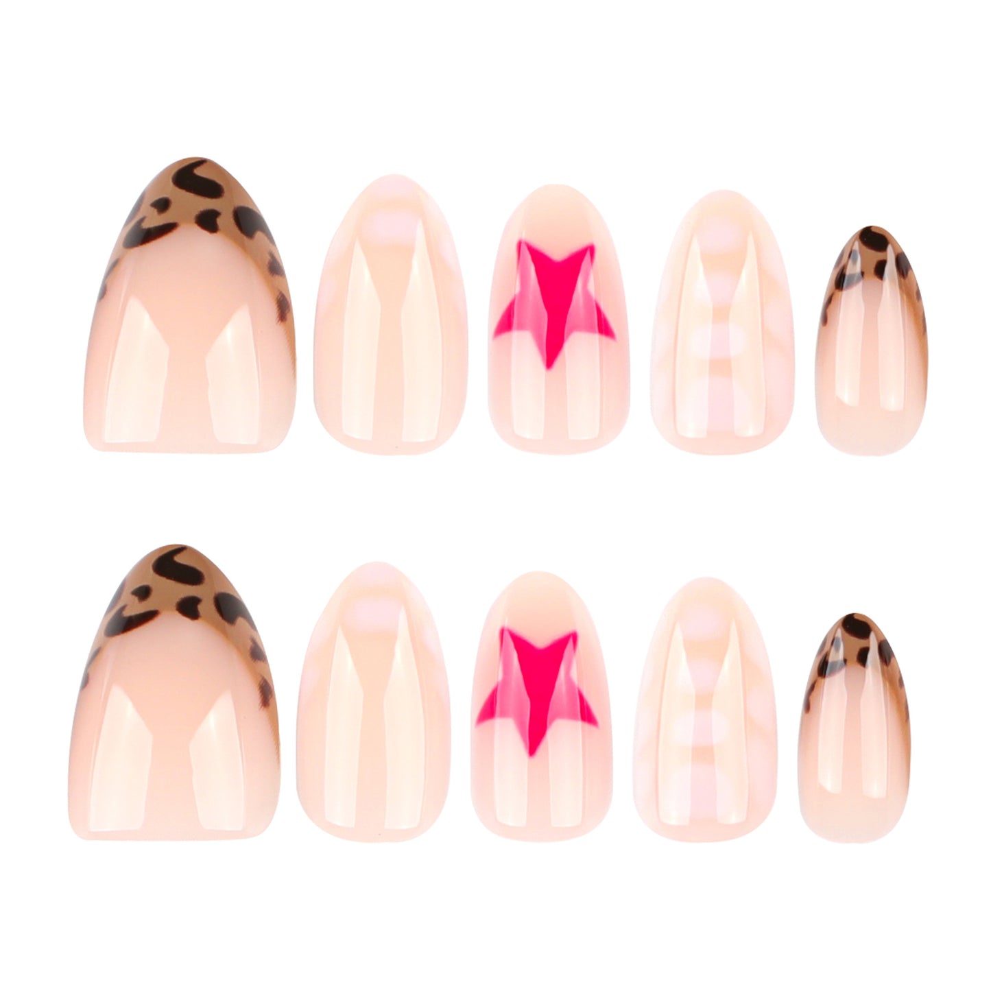 Leopard Print French Tip Pink Star Almond 24PCS Free Size Press on Nails JP3941