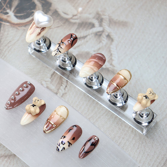 Ice Cream Cream Bear  Handmade Almond Nails A1089