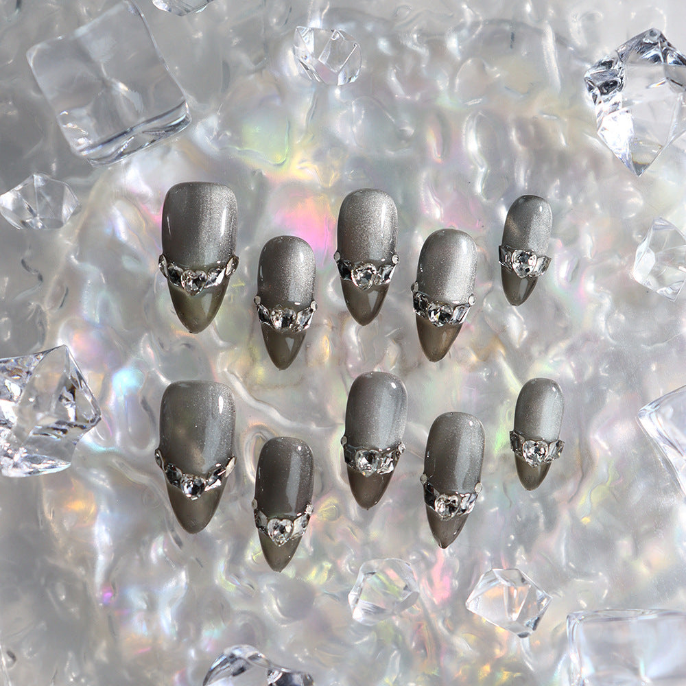 Brown crystal shoes Handmade Almond Press On Nails A672