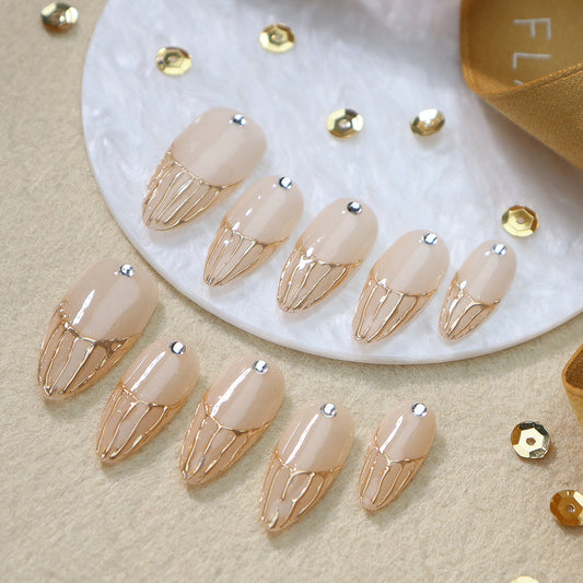 Golden Spider Silk French Tip Handmade Almond  Nails A956 - NoirNail