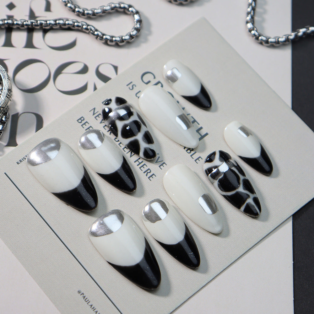 Miss Cow French Tip Handmade Almond  Nails  A600 - NoirNail