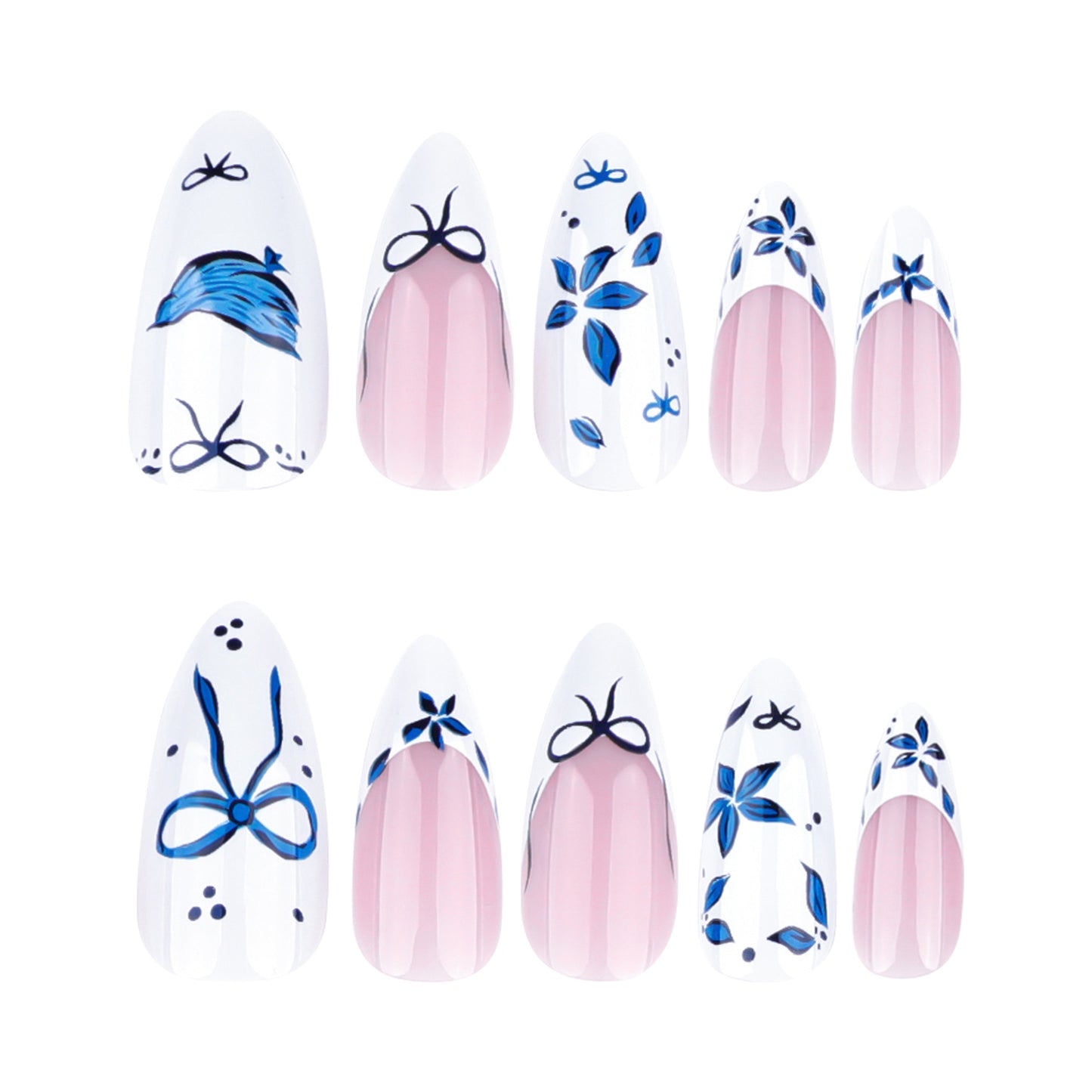 Simple Blue Bow Almond 24PCS Free Size Press on Nails JP3738