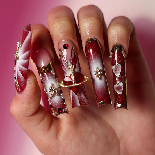 French Red Planet Love Rhinestone Duckbill Press On Nails - NoirNail