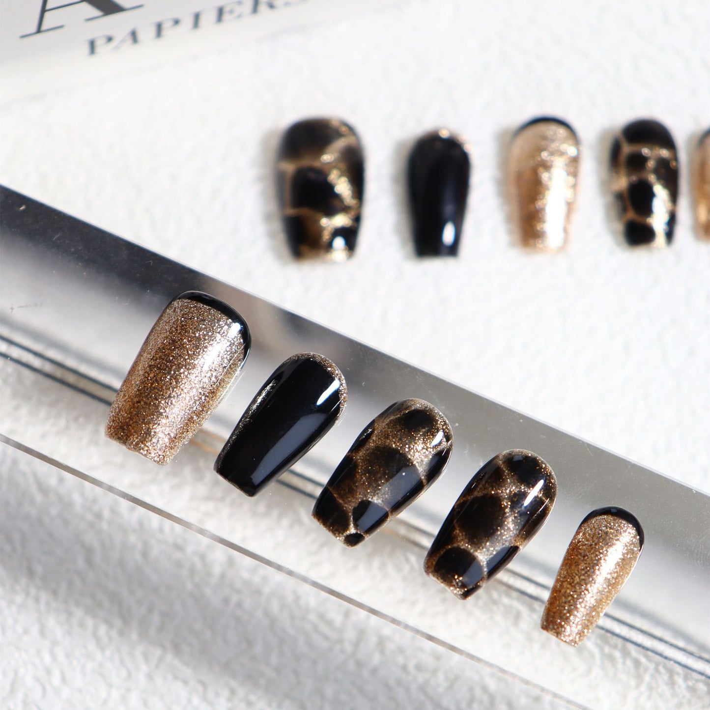 Golden Yemen Reverse French Handmade Almond Press On Nails A481