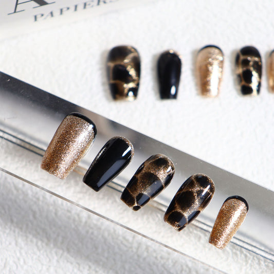 Golden Yemen Reverse French Handmade Almond Press On Nails A481