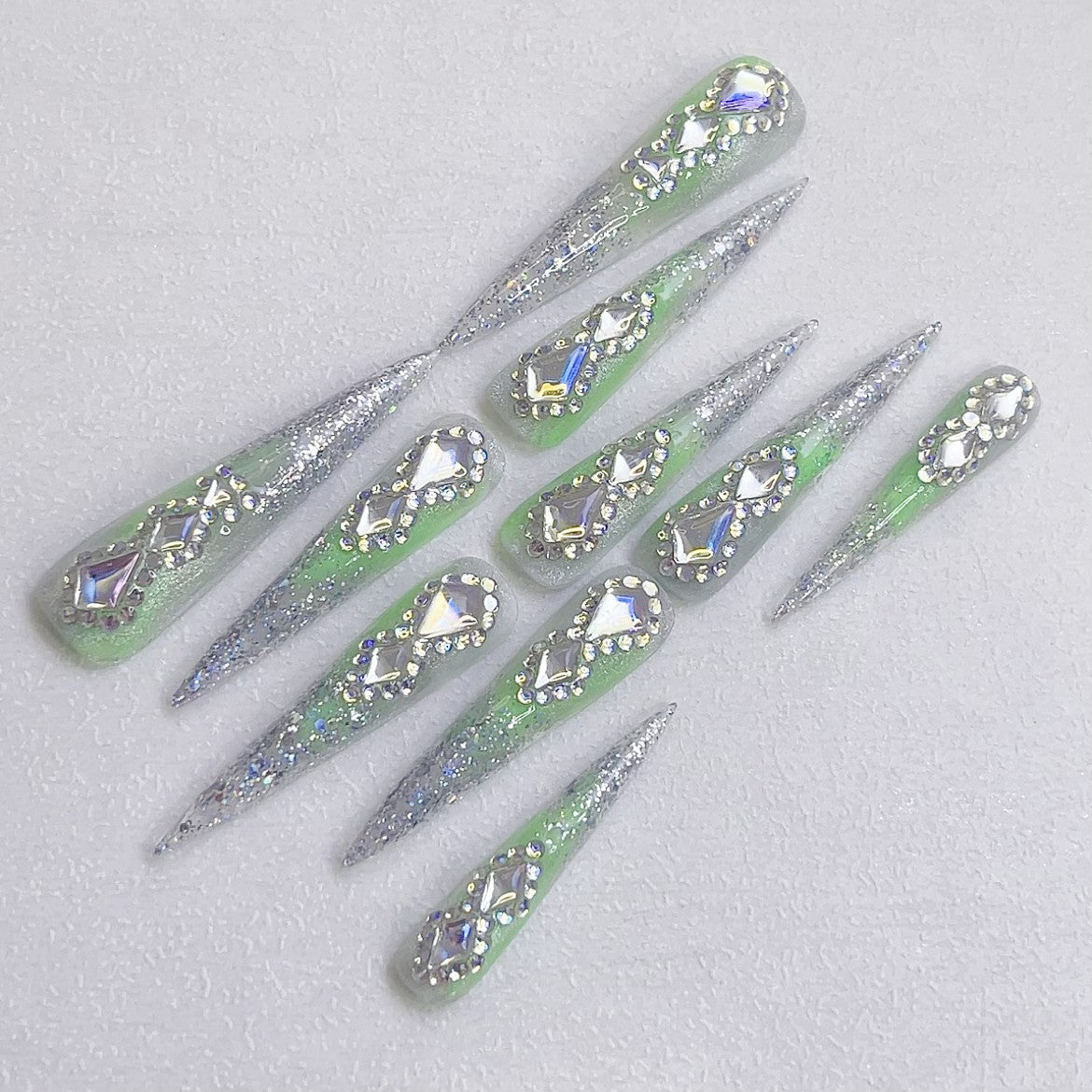 Mint Green Rhinestones Handmade Stiletto Press On Nails