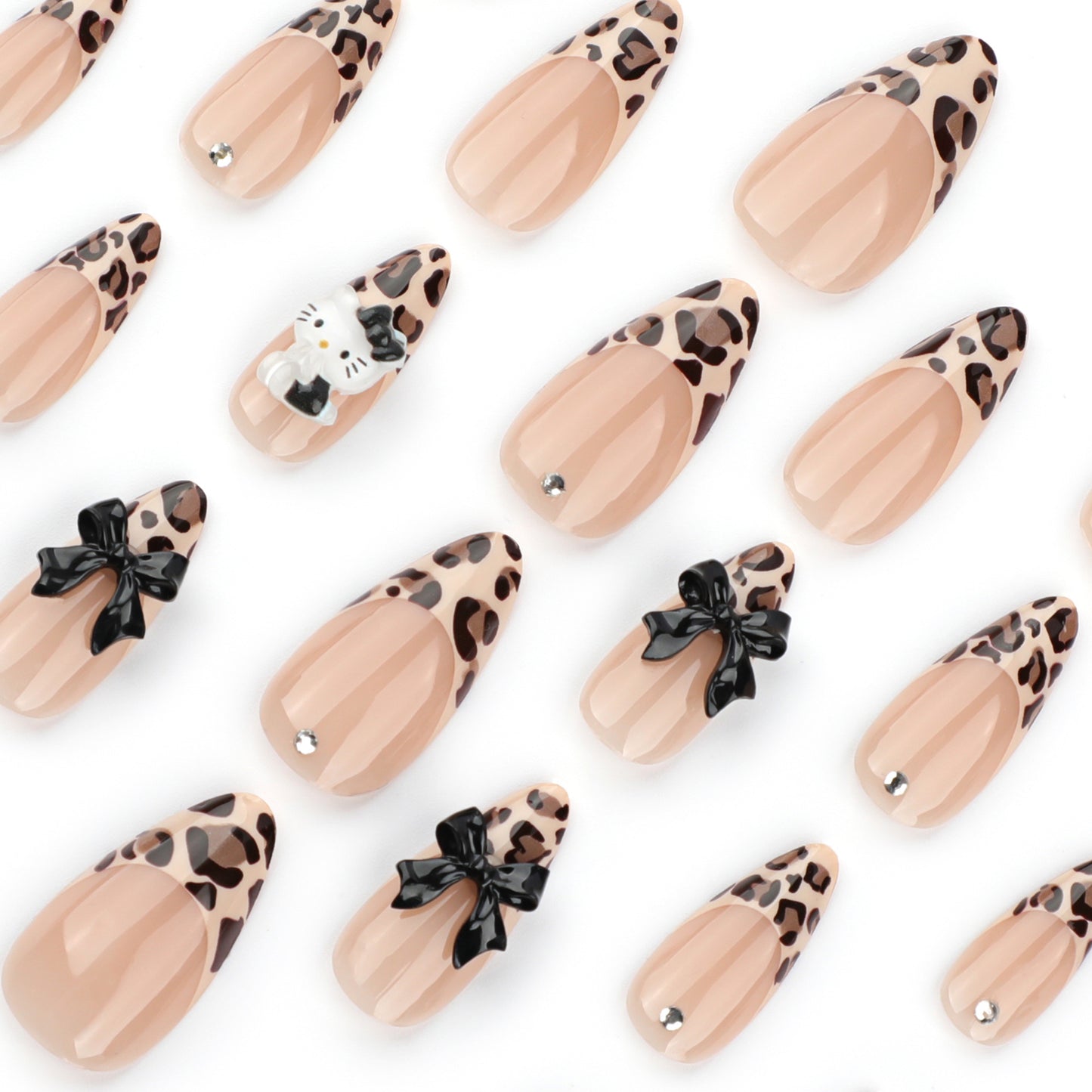 Leopard Hello Kitty Almond French Tip 24PCS Free Size Press on Nails JP3571