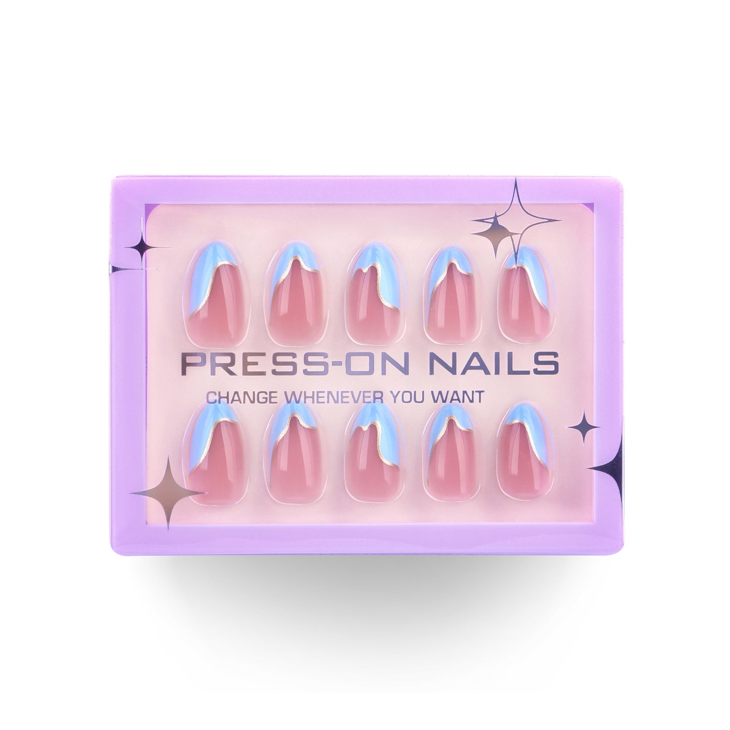 Blue Classic French Tip Almond 30PCS Free Size Press on Nails GD18
