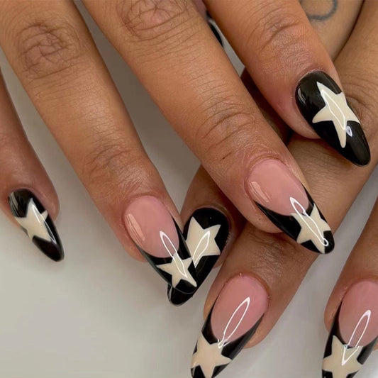 Black French Star Almond Press On Nails - NoirNail